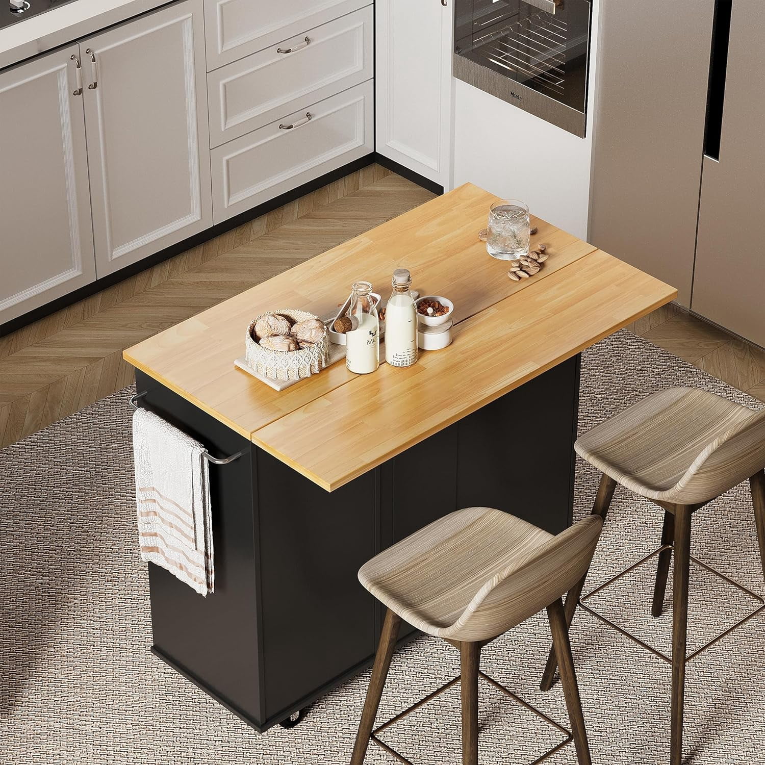 Sobaniilo Rolling Kitchen Island Cart with Folding Drop Leaf Breakfast Bar, Portable Trolley Island with Large Storage Cabinet, Shelf and Drawer, Black