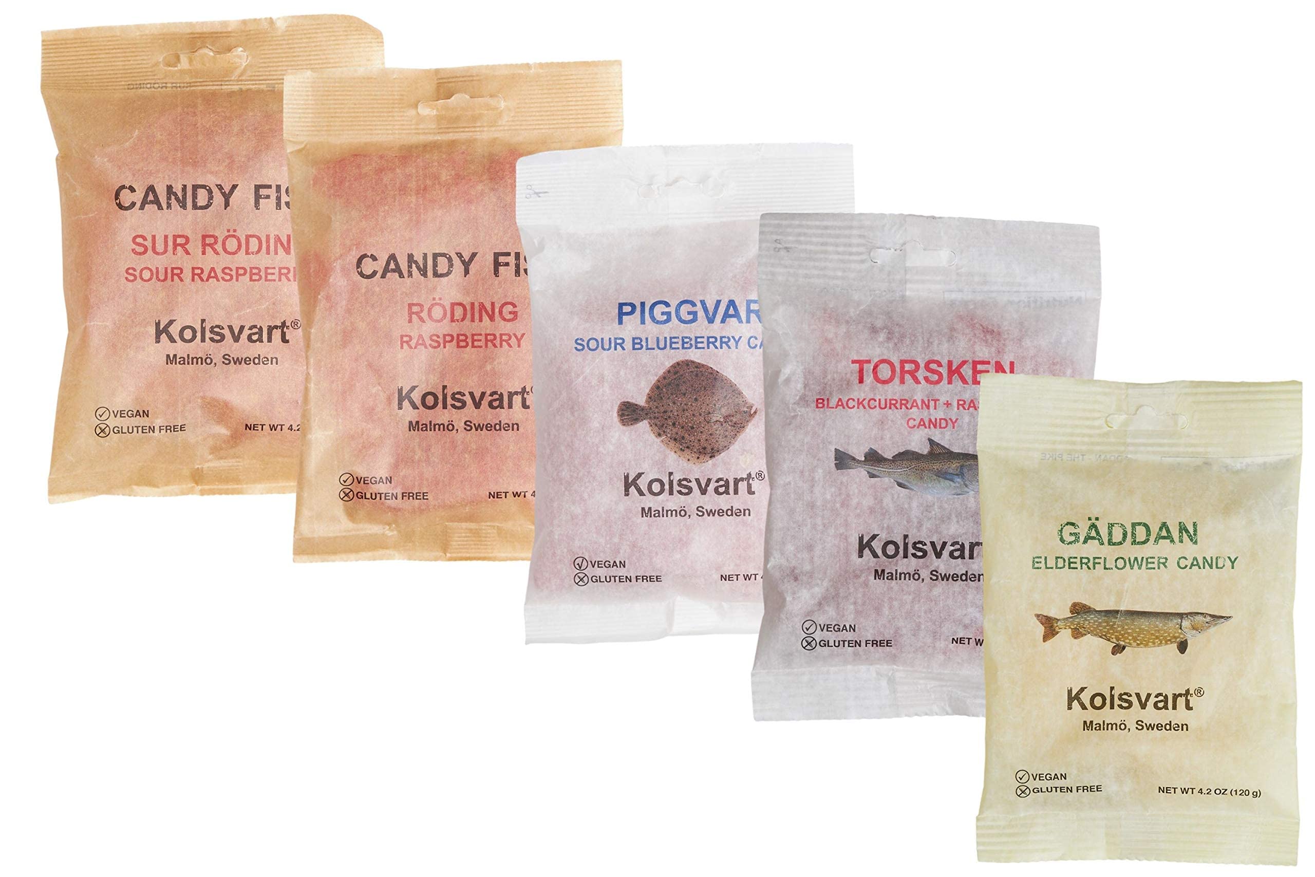 Kolsvart Swedish Candy Variety Pack, 4.2 Ounces - Raspberry, Blackcurrant & Raspberry, Sour Blueberry, Sour Raspberry, Elderflower (Pack of 5)