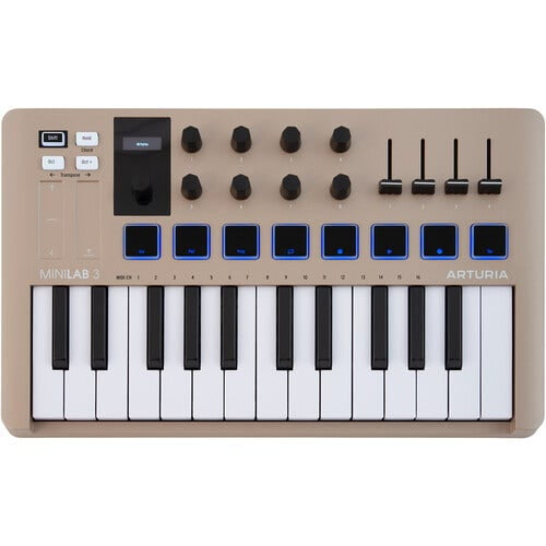 Arturia MiniLab 3 Champagne 25 Key USB MIDI Keyboard Controller With 8 Multi-Color Drum Pads, 8 Knobs and Music Production Software Included