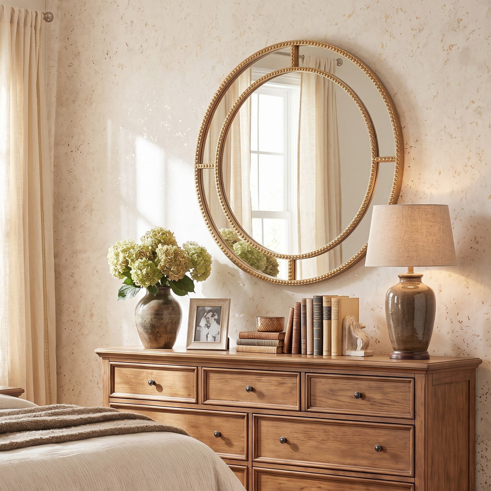 ALPULON 28 Inch Round Wall Mirror with Gold Beaded Metal Frame, HD Distortion-Free Decorative Hanging Mirror for Living Room Bedroom Entryway Bathroom, Gold