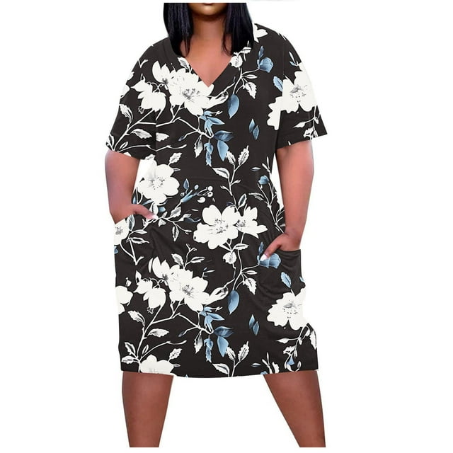 Pisexur Robes d'Été pour Femmes Mode à Imprimé Floral Robe Soleil Décontractée Ample à Col en V à Manches Courtes Robes T-Shirt Fluides Surdimensionnées Robe de Plage avec Poches Grande Taille Robe Mi-Mollet L-5TG