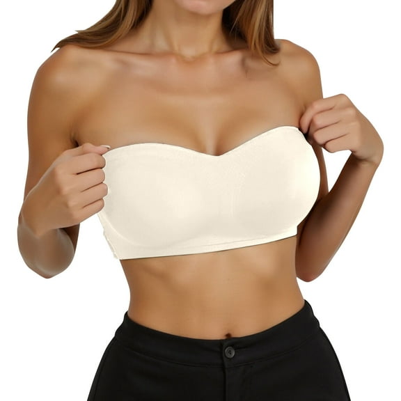 khonts,Women's Strapless Cross Back Side Hook Closure Bras No Underwire Push up Seamless Bandeau Bra Non Tube Bra White XL