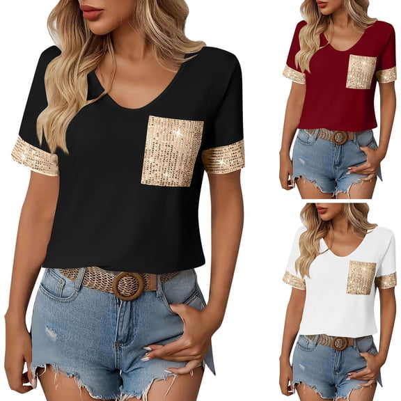 Laqbezok Women V-Neck Sequin Pocket Short Sleeve T-Shirt, Patchwork Casual Loose Top, Sparkly Fashion Outfit