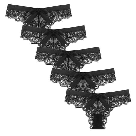 

kakina CMSX Womens Thong Packs Women s Sexy Underwear Lace Bow Bikini Panties Pearl Silky Comfy Lace Brife Black L