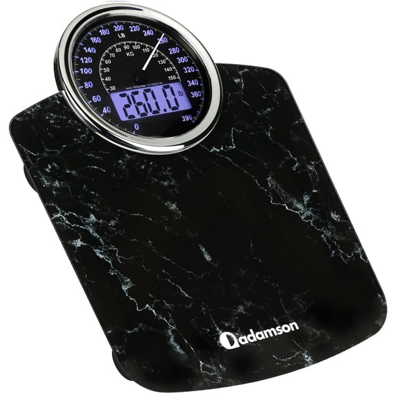 Báscula híbrida 2 en 1 analógica y digital Adamson para un peso corporal de hasta 400 lb + Vidrio templado grueso + Pantalla extragrande + Báscula digital de baño fácil de leer + Nuevo - Negro mármol