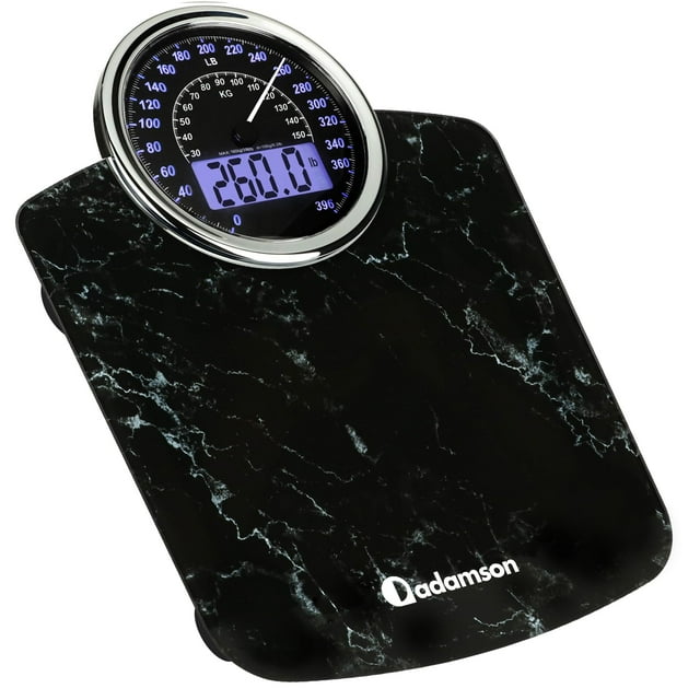 Báscula híbrida 2 en 1 analógica y digital Adamson para un peso corporal de hasta 400 lb + Vidrio templado grueso + Pantalla extragrande + Báscula digital de baño fácil de leer + Nuevo - Negro mármol