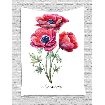 Navy Red Sage (Anemone Flower Tapestry, Watercolor Painting Style Bouquet of Anemone Vintage Garden, Wall Hanging for Bedroom Living Room Dorm Decor, Sage Green Red Navy Blue, by)