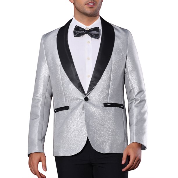 INSPIRE CHIC Blazers para Hombre con Solapa Metálica y Un Botón, Estilo de Fiesta, Brillantes, Talla 2XL, Plata