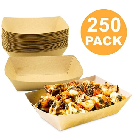 [250 Pack] 2 lb Heavy Duty Disposable Kraft Brown Paper Food Trays Grease Resistant Fast Food Paperboard Boat Basket for Parties Fairs Picnics Carnivals, Holds Tacos Nachos Fries Hot Corn