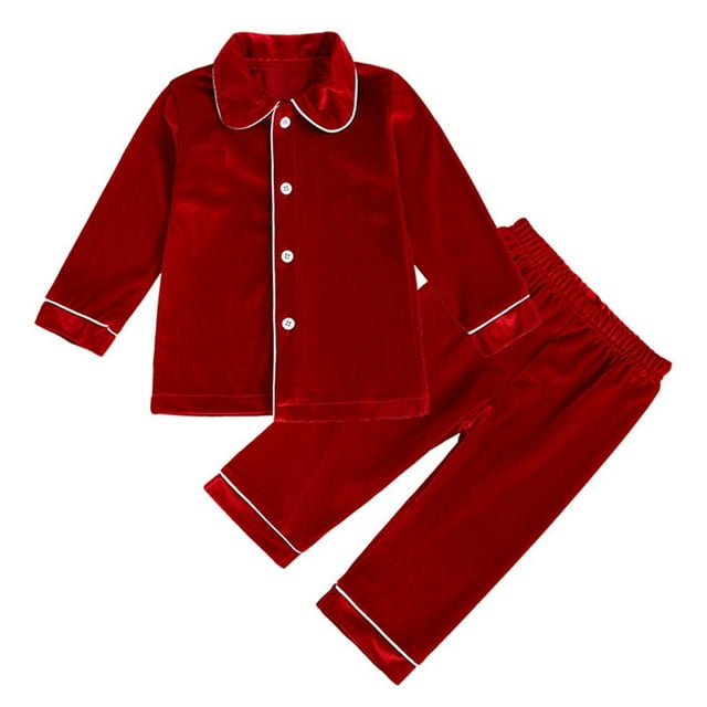 WEIYLL Girls Pajamas Set Spring Autumn Solid Color Long Sleeve Turn-Down Collar Colour Fleece Button Tops Elastic Waist Pants 2 Pcs Sleepwear Suit 2-3 Years