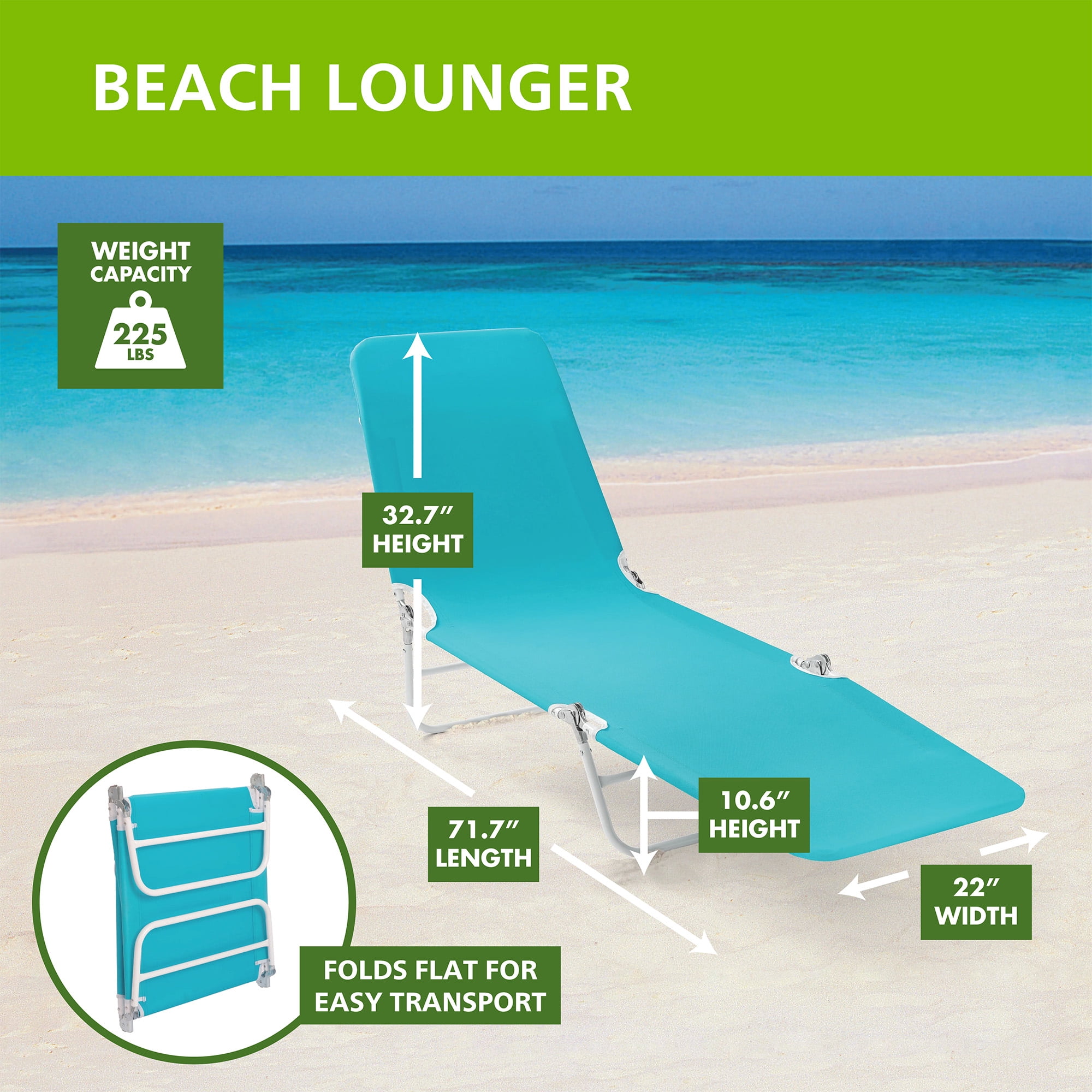 Mainstays Folding Adjustable Back Fabric Beach Lounger, Turquoise