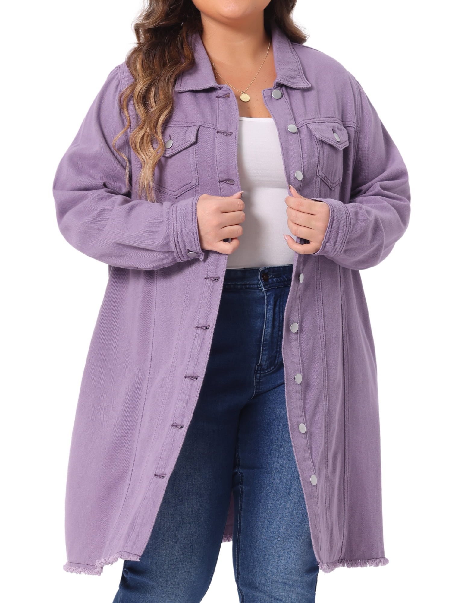 DARING DIVA Women's Plus Size Long Distressed Button Up Denim Jacket 1X Purple