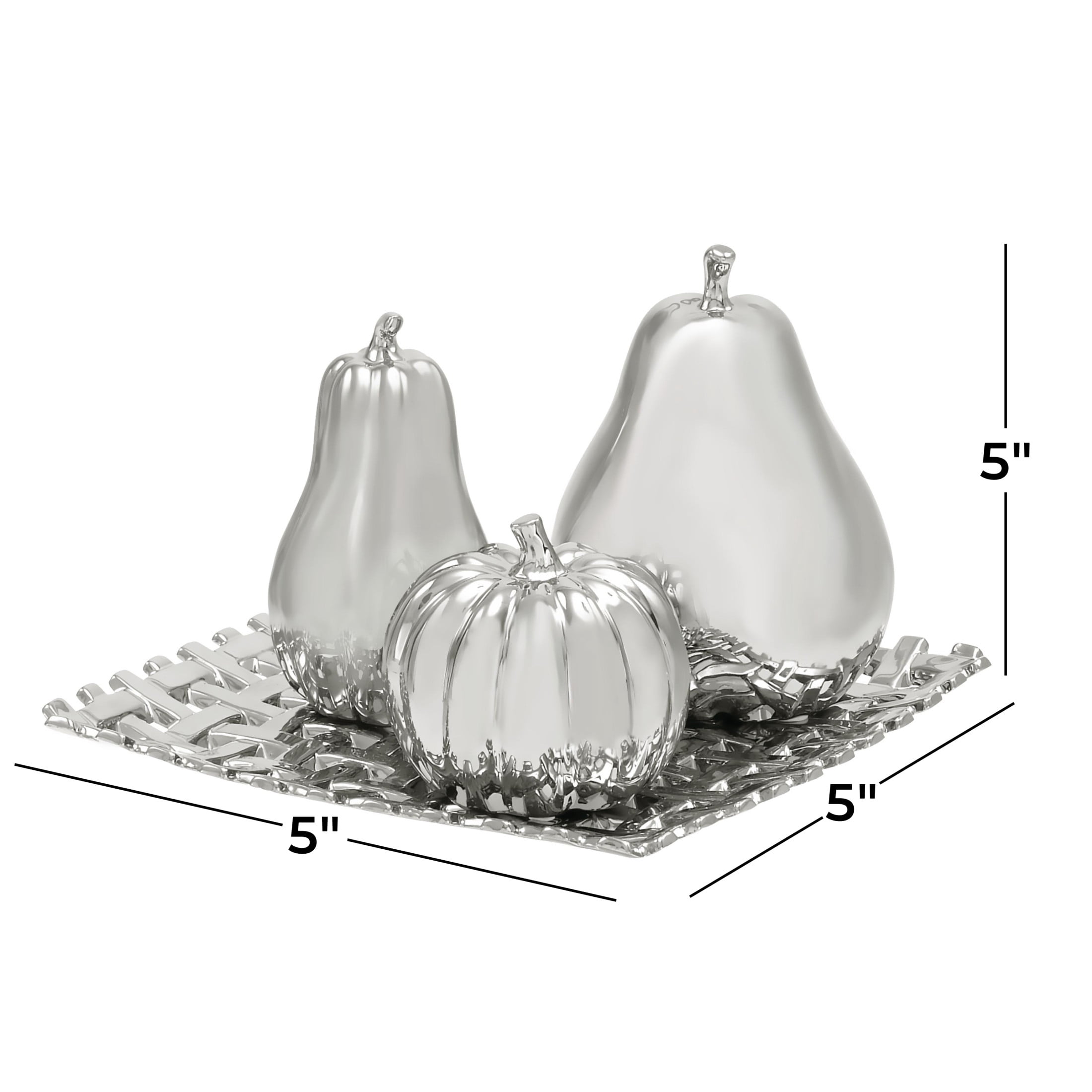 12"W, 9"H Silver Ceramic Pear, Pumpkin, and Squash Fruit Sculpture with Decorative Grid Plate, by DecMode (4 Count)