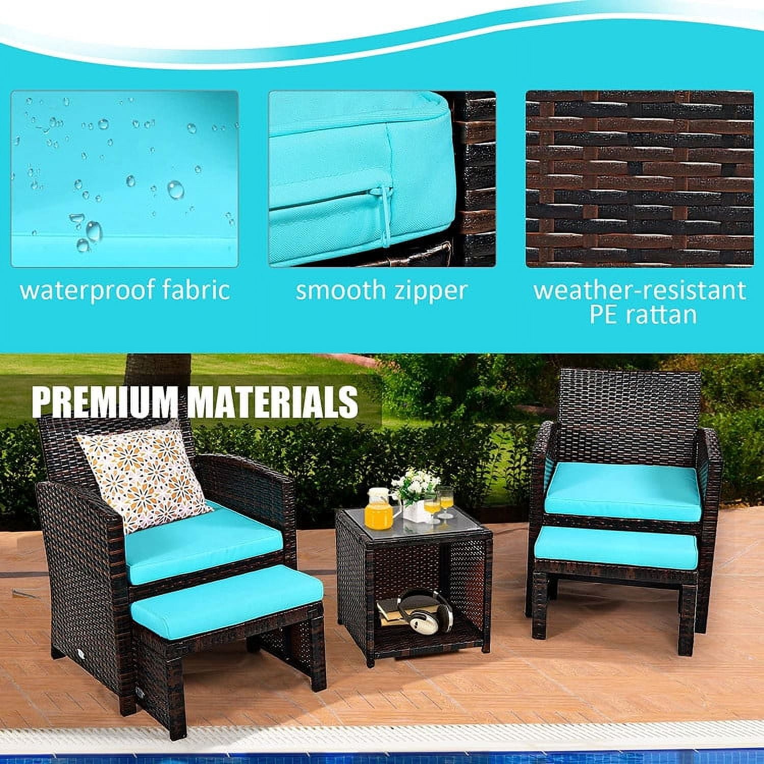 Aimee Lii 3 Pieces Patio Cushioned Wicker Conversation Set, Outdoor Sectional Set with with Glass Coffee Table, Turquoise Aimee Lii 3 Pieces Patio Cushioned Wicker Conversation Set, Outdoor Sectional Set with with Glass Coffee Table, Turquoise