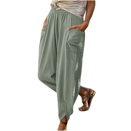

Dadaria High Waisted Wide Leg Pants for Women High Waist Pants Solid Color Elastic Belt Vintage Stylish Cotton Linen Double with Pockets Waist Wide Leg Pants Green M Female