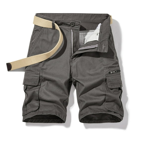 Idoravan Mens Casual Solid Zipper Button Multiple Pockets Cropped Cargo Shorts