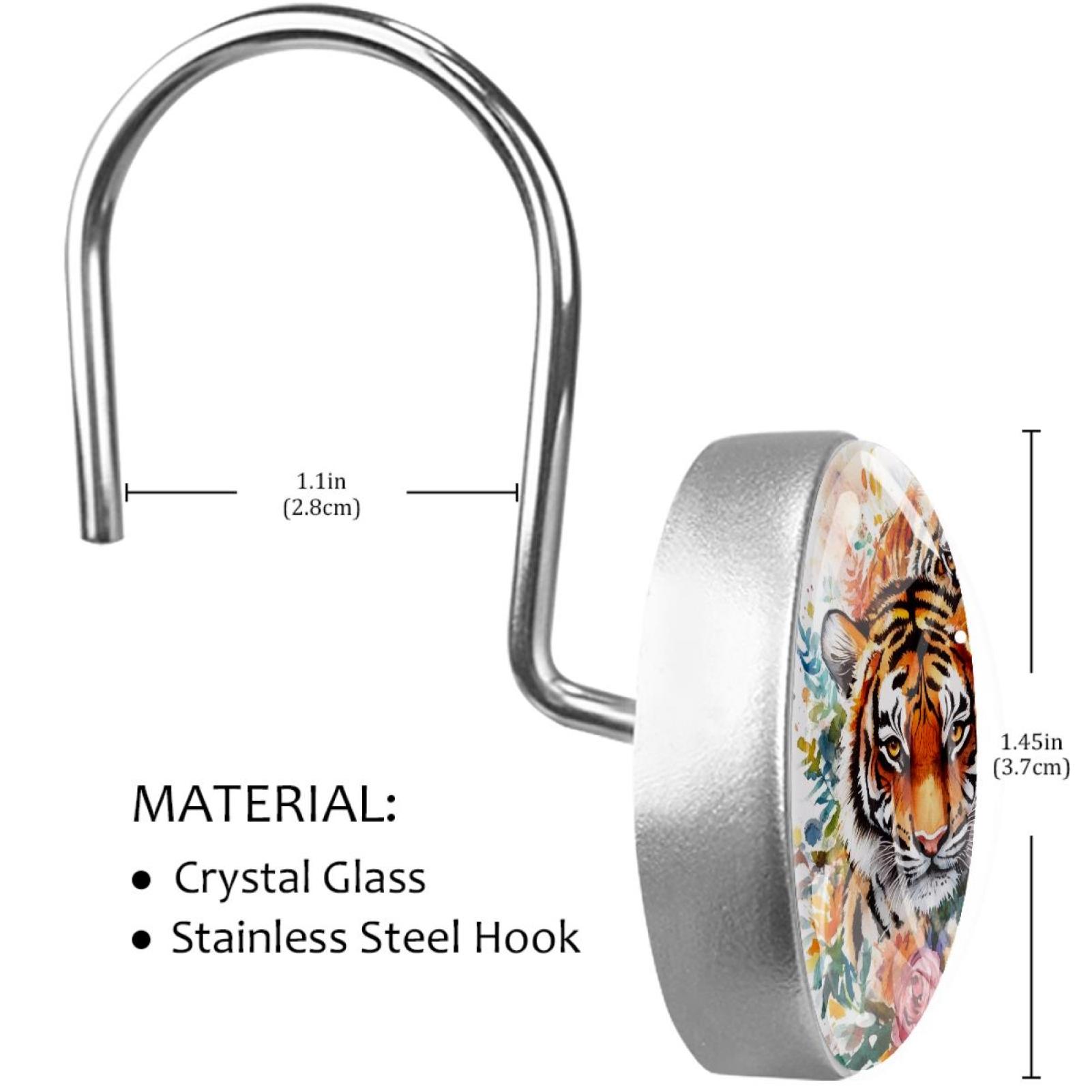 Watercolor Tigers Family Shower Curtain Hooks Round Crystal Glass, Set of 12 Shower Curtain Rings - Shower Hooks for Curtain Shower Rings