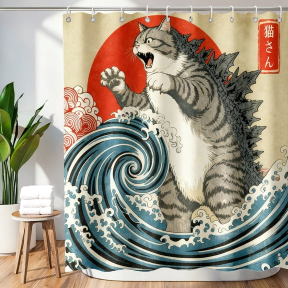 Annvchi Funny Japanese Cat Shower Curtain, Vintage Cat Art Japan Anime Sunset Wave Waterproof Shower Curtain with Hooks, Animal Fabric Shower Curtains Bathroom Decor 72X72inches