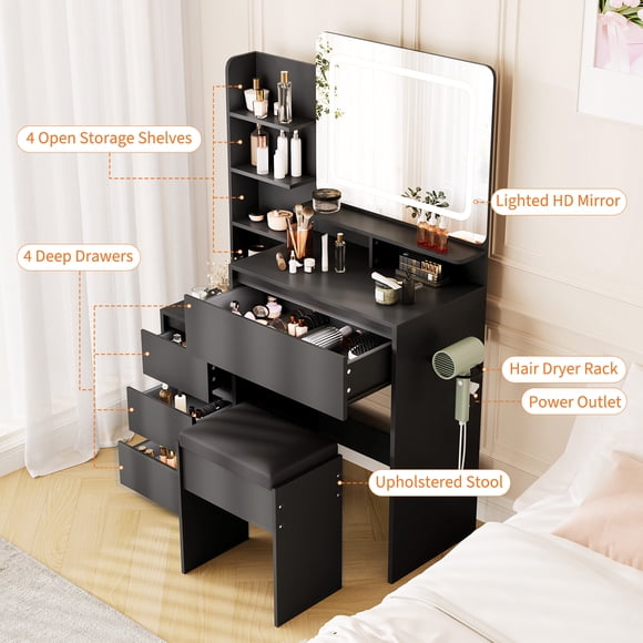 Modern Vanity Desk with Mirror & Adjustable LED Lights, 36-Inch Makeup Table – 4 Drawers, 4 Storage Shelves, Charging Station, and Stool – Bedroom Dressing Table Set, Black