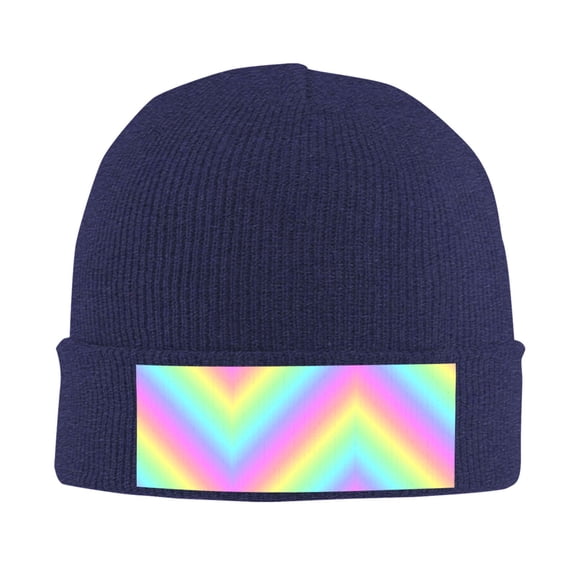 Rainbow Stripe Winter Beanie Hats for Men Women Warm Cozy Knitted Cuffed Skull Cap Navy Blue