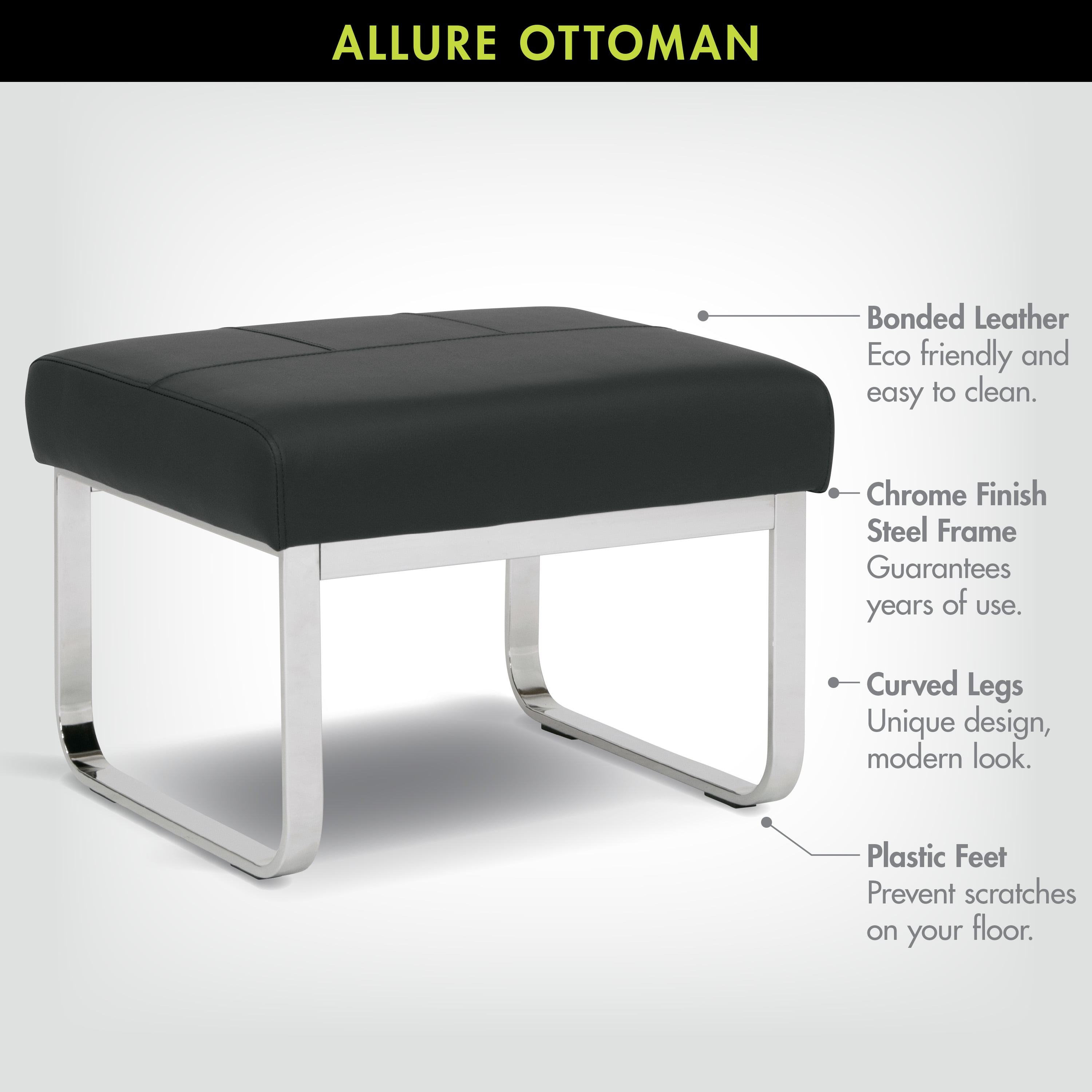 Studio Designs Home Allure Modern Rectangular Ottoman in Blended Leather & Chrome
