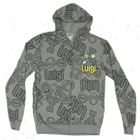 Super Mario Bros Mens Hoodie Sweatshirt - Color Luigi On All Over Print on Gray