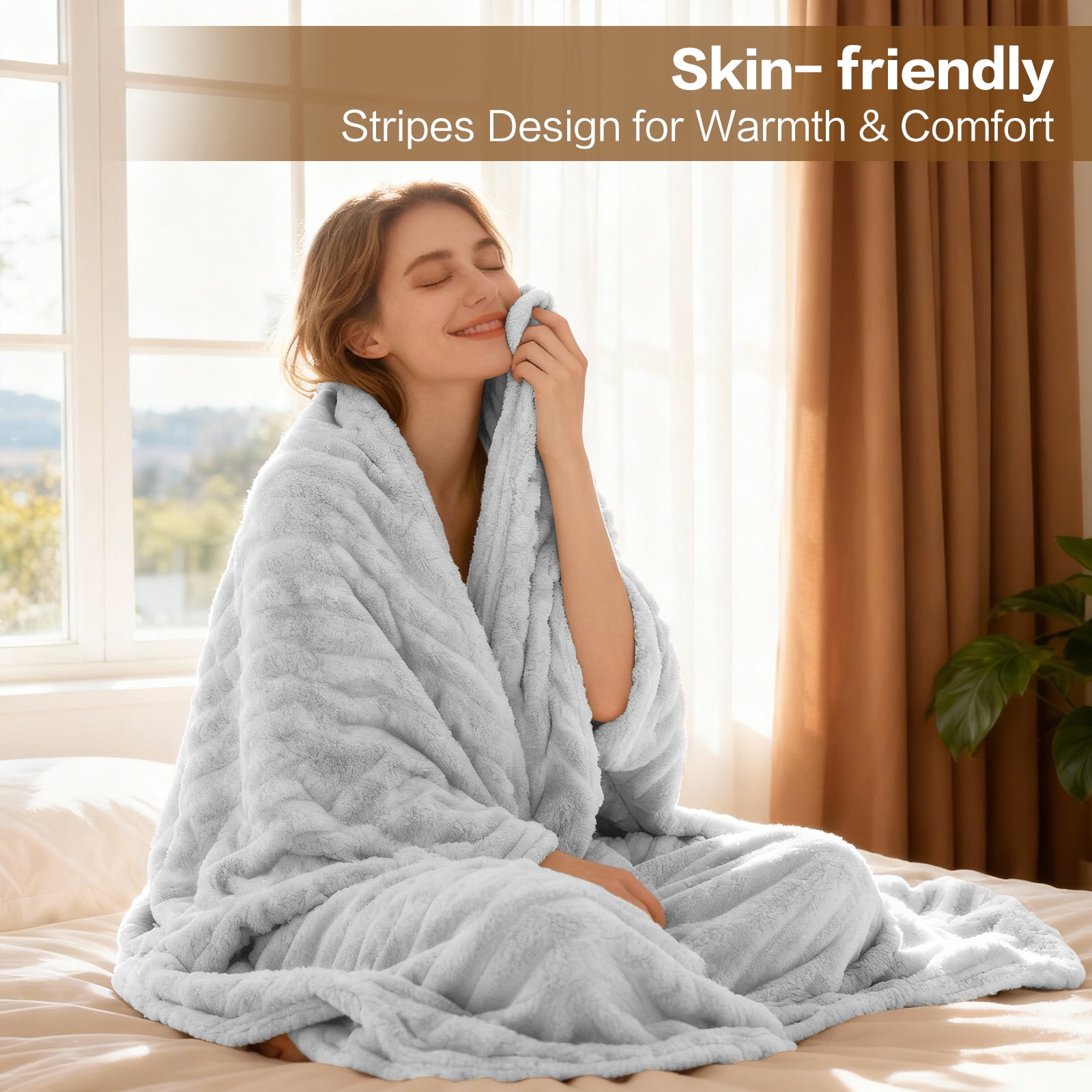 EMONIA Light Gray King Fleece Blanket for Bed, 320GSM Super Soft Cozy Blankets and Throws, Decorative Throw Blankets for Women Men Gifts, Throws with Stripes for Sofa Bed Decor, 108''x90''