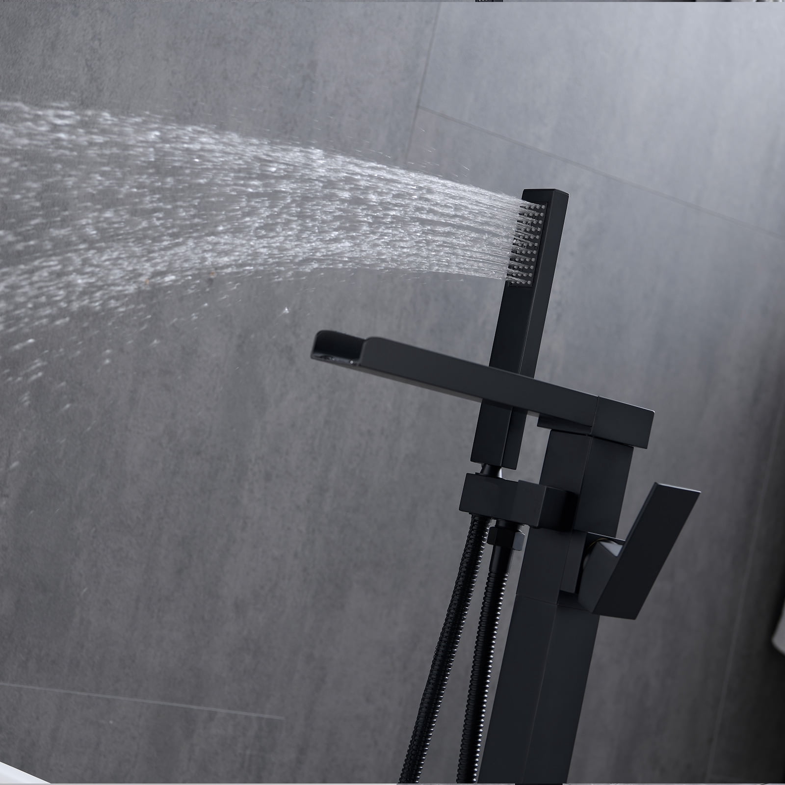 BWE Freestanding Tub Filler Bathtub Faucet Black Floor Mount Brass Bathroom Faucets with Hand Shower