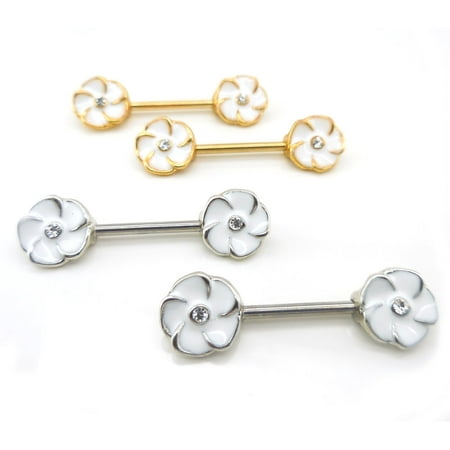 NEW Pair 14G Stainless Steel Gold Tone Flower Front Facing Clear CZ Nipple Rings