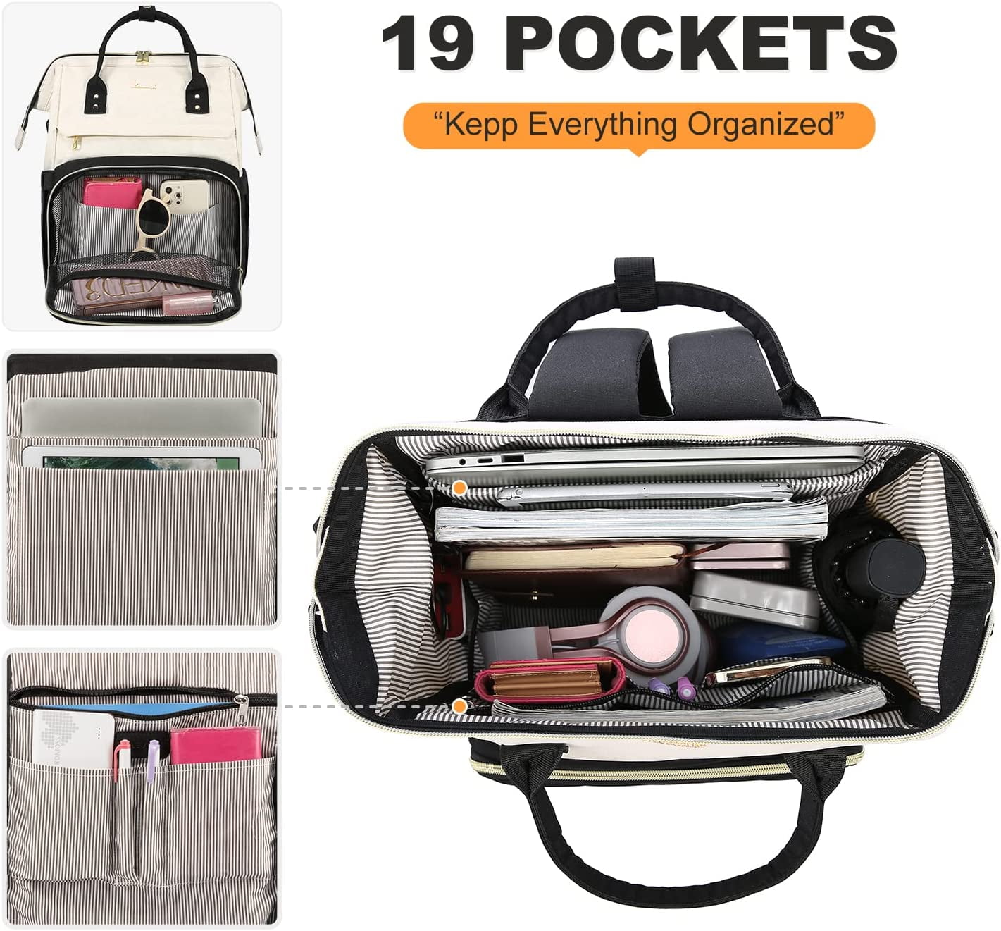 Lovevook Laptop Bag 15.6",Women Work Computer Bag Teacher Nurse Backpack Purse with USB,Waterproof Travel Backpack College Bookbag(Beige-Black)