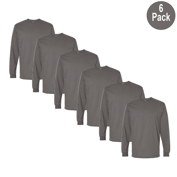 Gildan Heavy Cotton Long Sleeve T-Shirt for Men, Crew Neck Classic Fit Tee, Charcoal, S, 6 Pack