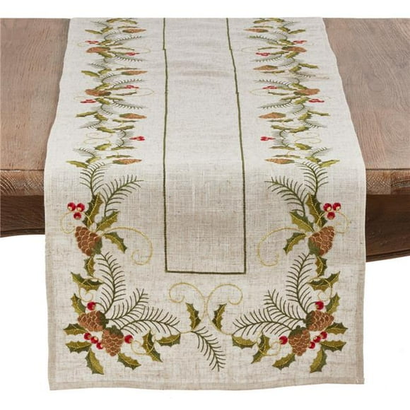 Saro Lifestyle 1851.N16120B 16 x 120 in. Brodé de la Pomme de Pin & Houx Chemin de Table&44; Naturel
