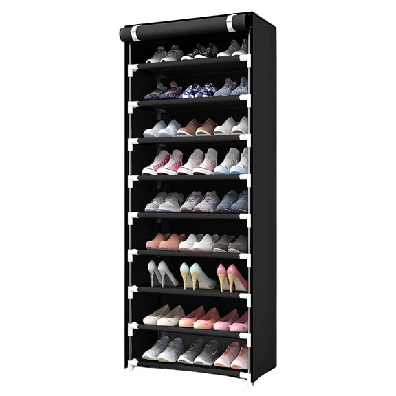 HioHa 9-Tier Shoe Rack with Cover, Dustproof Shoe Storage Organizer Cabinet for Closet, Entryway, Free Standing Shoe Shelf, Black