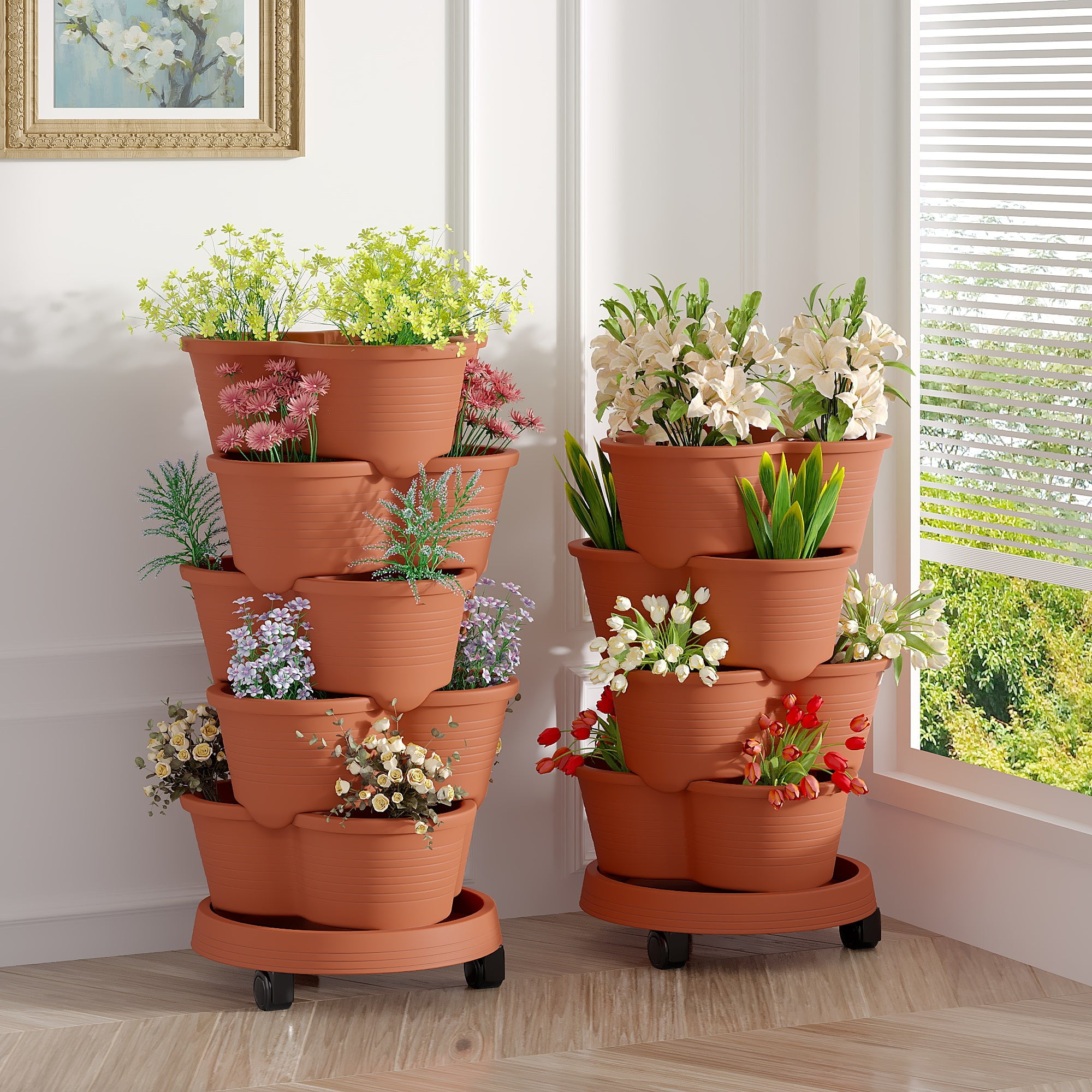 VECELO Stackable Planters 5 Tier Vertical Gardening Planter, Stackable Garden Tower Indoor Outdoor Pot For Strawberries, Flowers, Herbs, Vegetables With Removable Wheels, Orange Red