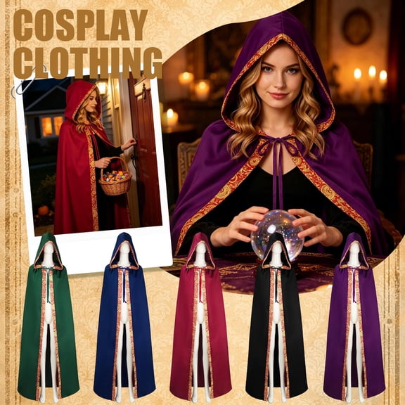 Women's Halloween Witch Costume Cloak, Hooded Cape Medieval Wizard Robe for Cosplay Party, Vampire Fantasy Outfit,Black XXXL