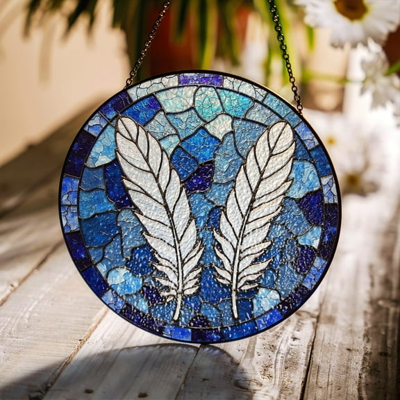 Stained Glass Feather Suncatcher Blue Glass Art Window Decor Gift for Her 1873868417
