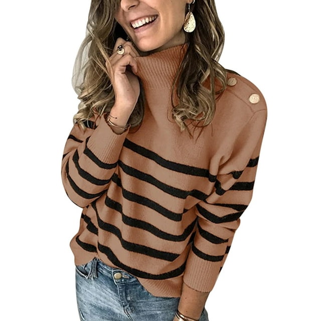 Womens Striped Turtleneck Sweater Autumn Winter Long Sleeve Chunky Knit Pullover Sweater Jumper Tops