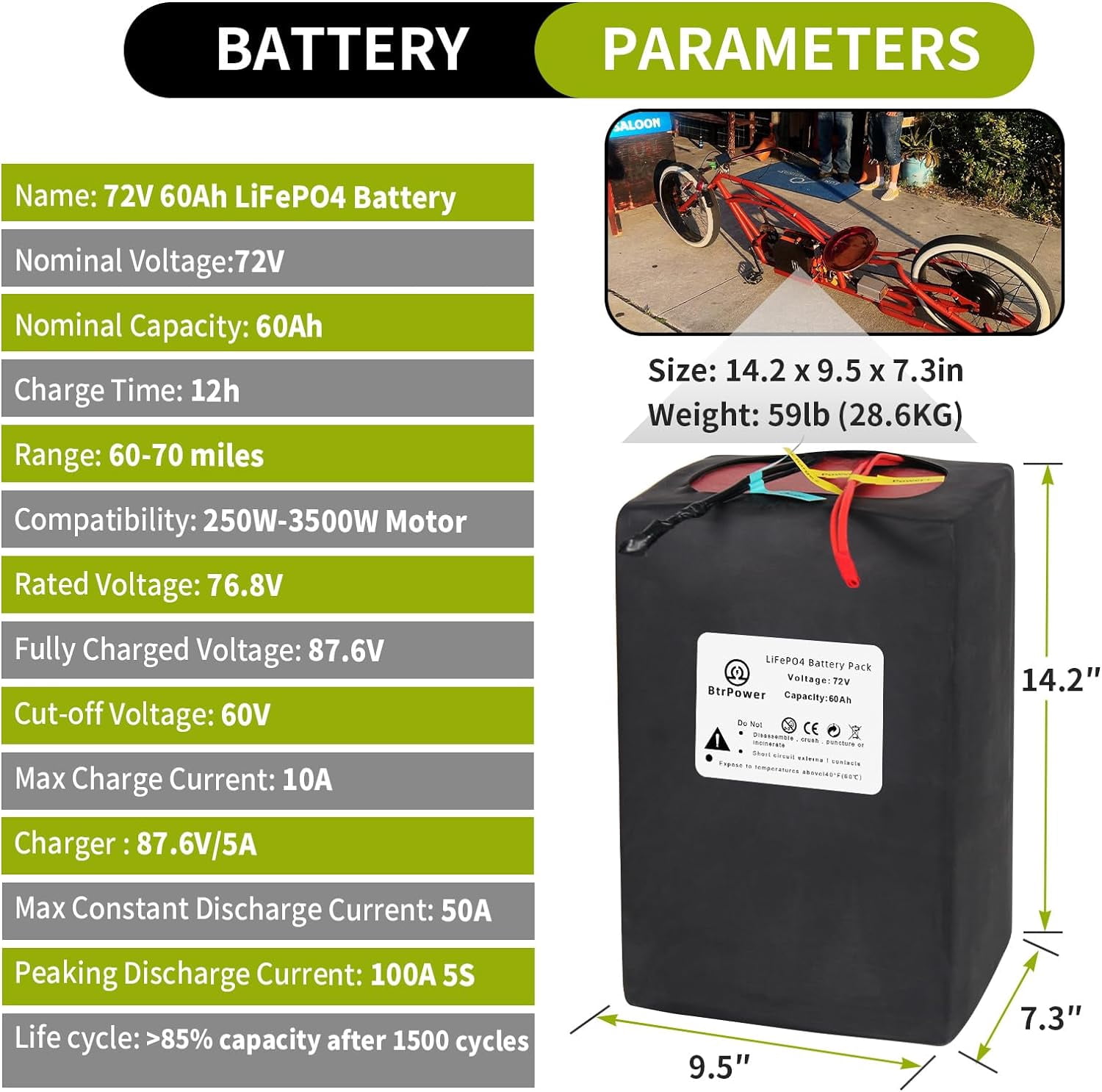 Ebike Battery 72V 30AH Lifepo4 Battery Pack with 5A Charger 50A BMS for 300W-3500W Motor