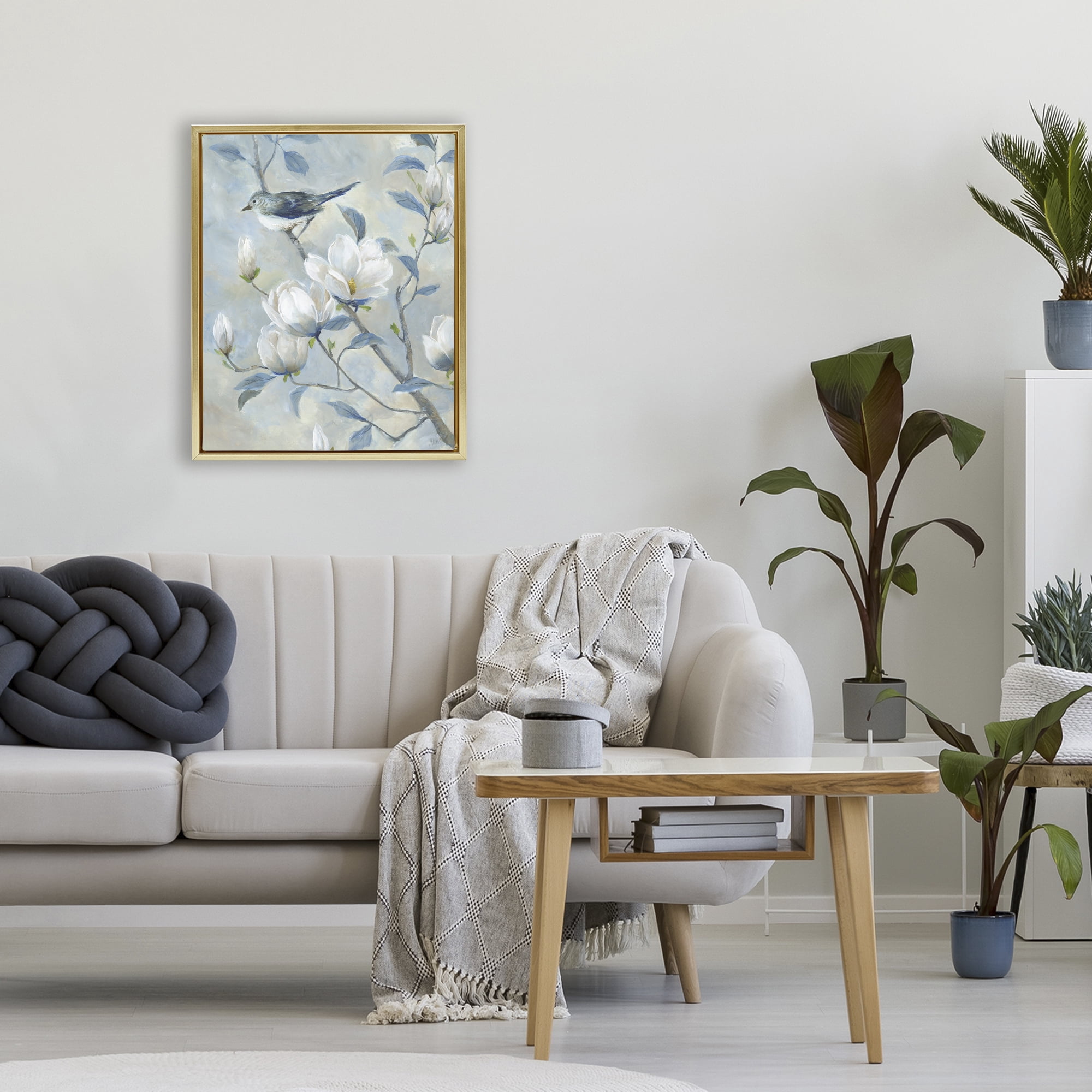 Stupell Industries Blue Bird in Magnolia Tree Gold Framed Floater Canvas Wall Art, design by Nan
