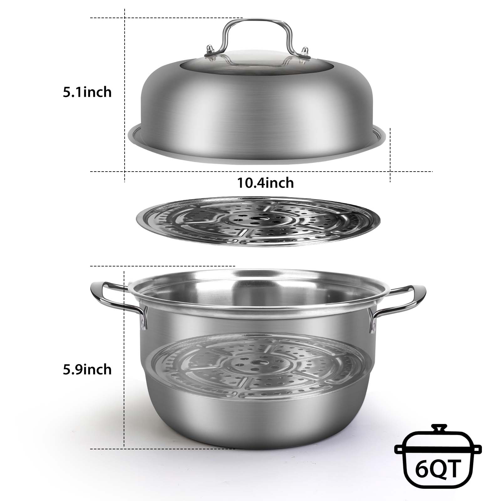 SSAWcasa Steamer Pot for Cooking 11 inch, 2 Tier Multipurpose Steaming Pot with Lid - Vegetable, Dumpling, Stock, Sauce (6Qt)