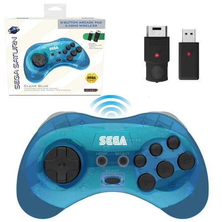 Retro-Bit Official Sega Saturn 2.4 GHz Wireless Controller 8-Button Arcade Pad for Sega Saturn, Sega Genesis Mini, Nintendo Switch, PS3, PC, Mac - Includes 2 Receivers & Storage Case - Clear Blue