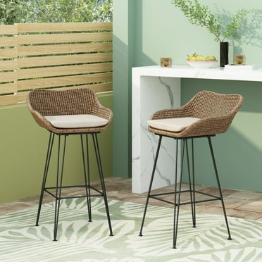 Christopher Knight Home Kevin Outdoor  Wicker and Iron Barstool (Set of 2) by  Light Brown/ Black/ Beige