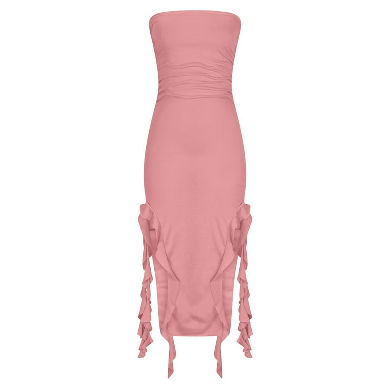 strapless ruched tassel dress in pink This is a strapless hot pink chiffon dress featuring elegant draped and pleated fabric. It is sewn with a built-in structured corset to ensure a flattering fit, along with a special internal
