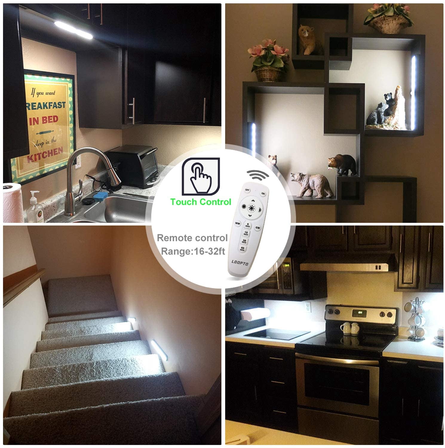 JJEAN-Under Cabinet Lights Wireless Battery Operated Lights with Remote Control LED Closet Lights Counter Wall Lights Without Wiring with Remote for Kitchen Shelf Hallway, Multiple Colors 2 Pack