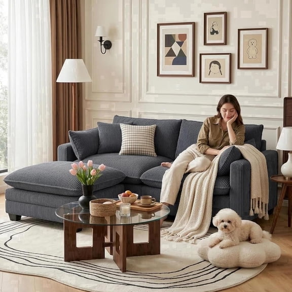 Noelse 75'' Love Seat with Movable Ottoman for Small Space Soft Corduroy Couch Sofa with 2 Pillows 2 Seater Modular Sectional Sofa for Living Room Bedroom and Apartment, Gray