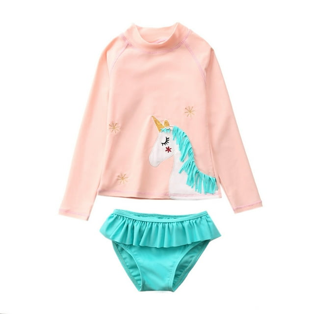 HAWEE Little Girls Two Pieces Rash Guard Swimsuit Set Long Sleeve Print Bikini Bathing Suit UPF50+ Beach Swimwear