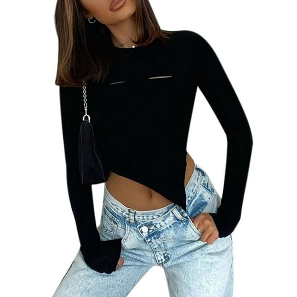 Women's Sexy Deep V-Neck Knitted Front Long Sleeve Tee Casual Strappy Blouse