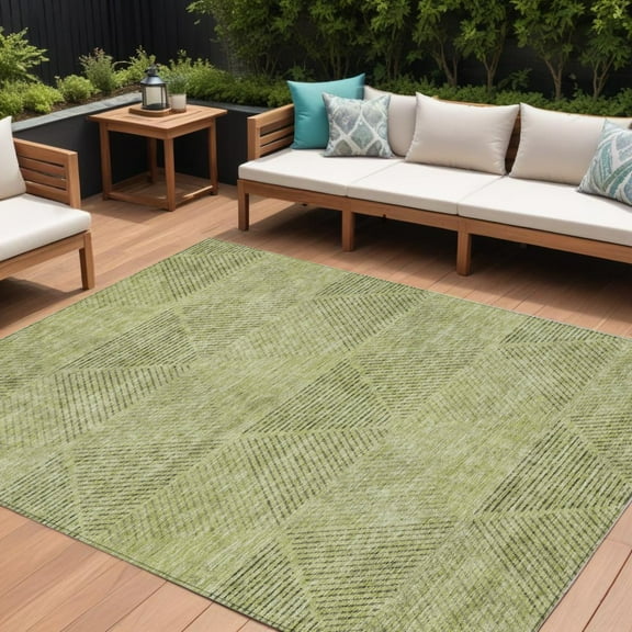 8' X 10' Artichoke Green And Fern Green Geometric Washable Indoor Outdoor Area Rug