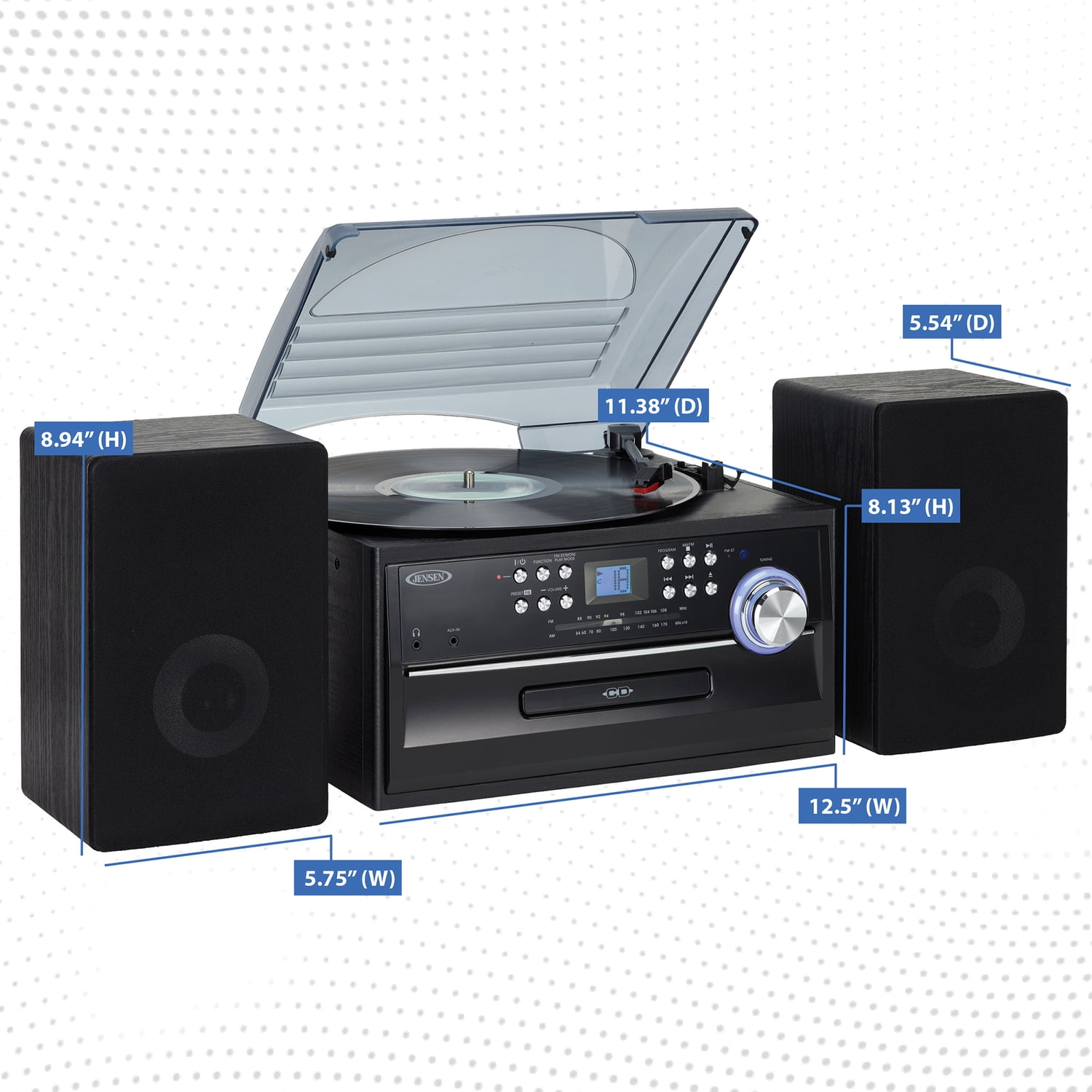 JENSEN 6-Watt-RMS 3-Speed Belt-Drive Manual Turntable with Detached Stereo Speakers, Pitch Control, CD/Cassette/AM/FM/Aux, Remote, JTA-475