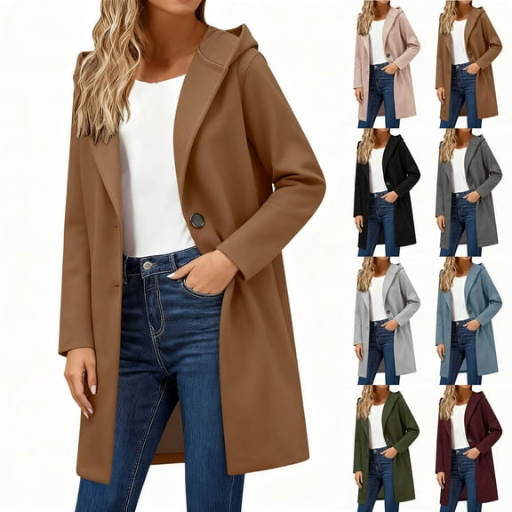 Crunowin Hooded Trench Coat for Women, Mid-length Winter Faux Wool Coat Stylish Fall Outwear Coffee M